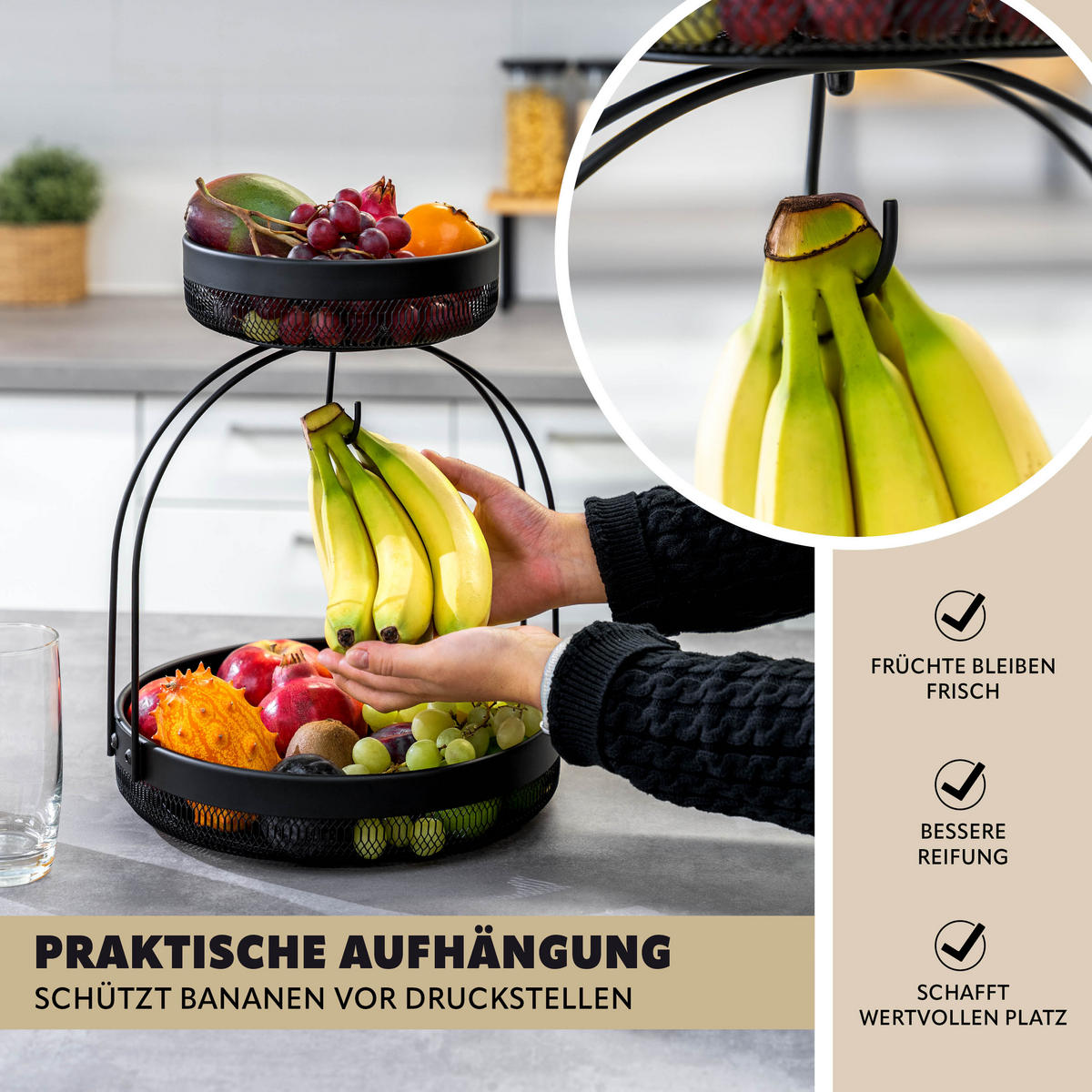OBSTETAGERE mit Bananenhalter, schwarz, rund - Schwarz, Metall (30/38.5cm) - eluno