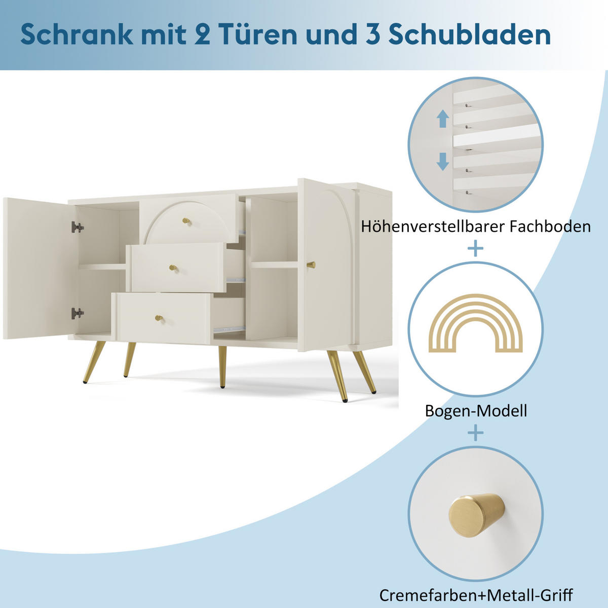 KOMMODE aus Holz und Metall 140x40x84 cm Creme-Weiß mit 2 Türen, 3 Schubladen und verstellbarem Fachboden - Weiß, Holzwerkstoff (140/40/84cm) - Modfu