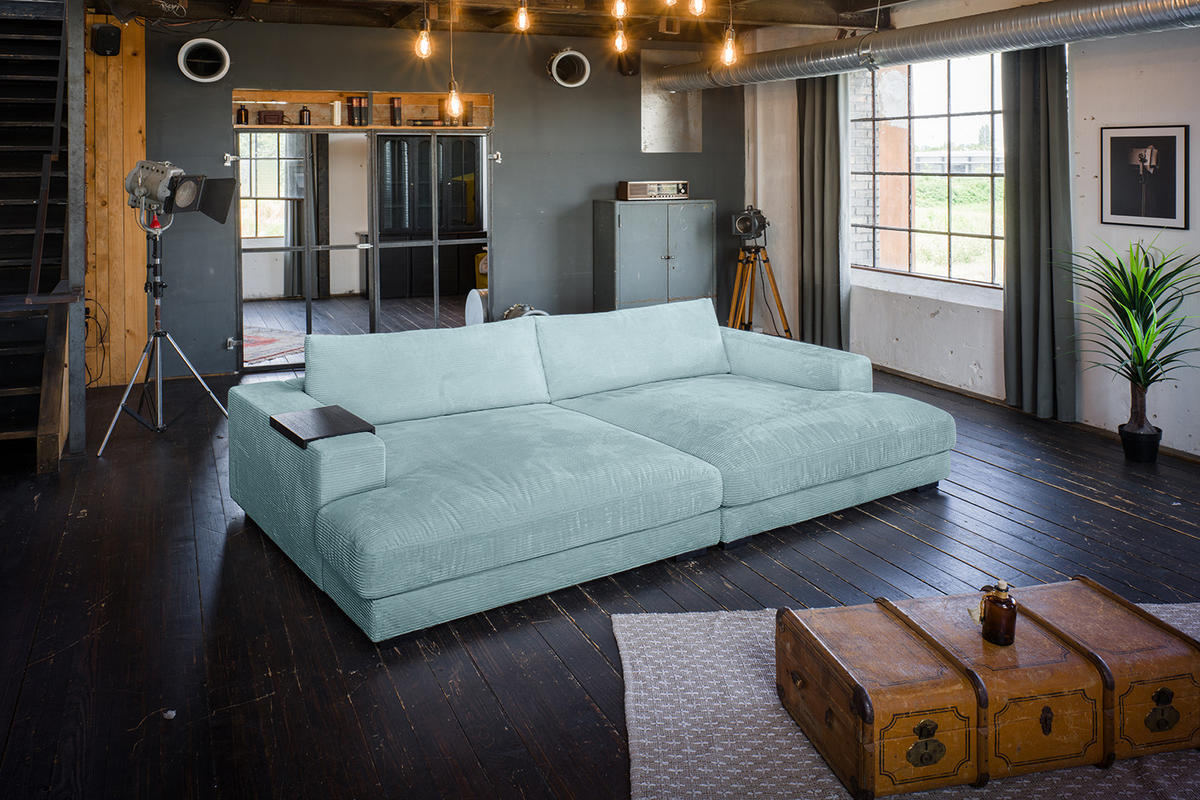 BIG SOFA XL MIT TABLETT SCHWARZ MADELINE Hellblau Cord - Schwarz/Hellblau, Kunststoff/Textil (290/85/190cm) - KAWOLA