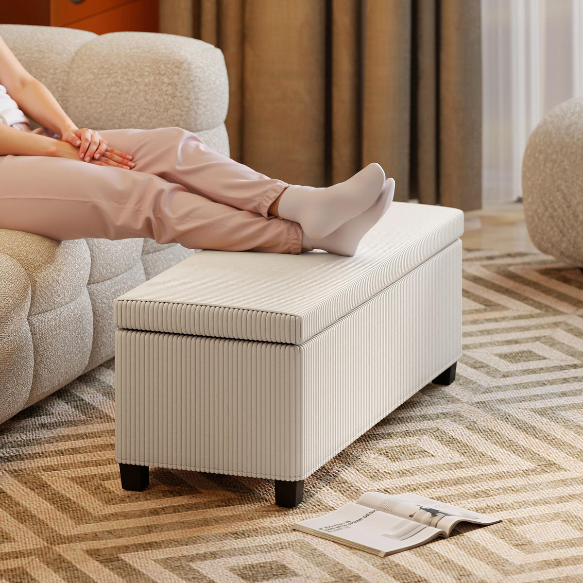 SITZBANK mit Stauraum Polsterbank mit Cord-Optik, Stahlbeine, Beige - Beige, Metall (42/40/112cm) - HOMCOM