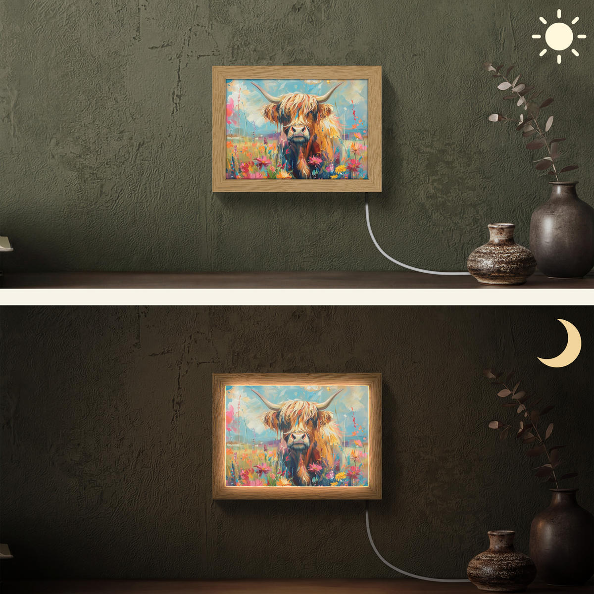 NÁSTĚNNÁ LAMPA Skotský horal - Příroda - Barevné - Květiny 20x15 cm - různobarevná, kompozitní dřevo (20/15/8cm) - OnlyWow