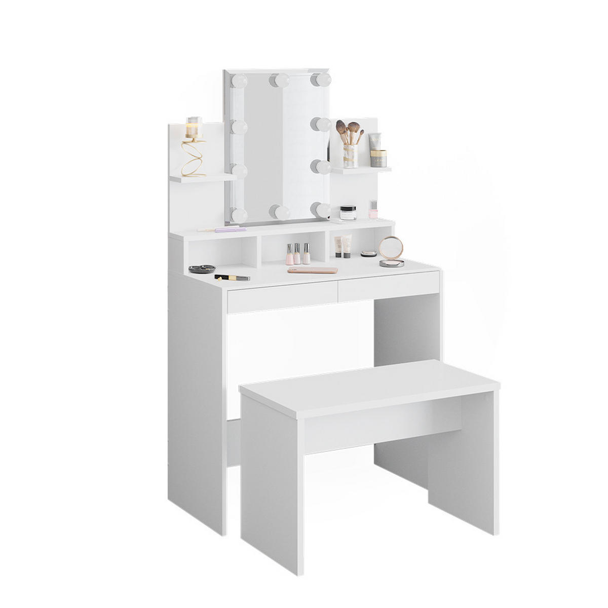 SCHMINKTISCH Ania Weiß 80 cm mit LED Beleuchtung und Bank - Weiß, Holzwerkstoff (80/139.6/40cm) - Vicco