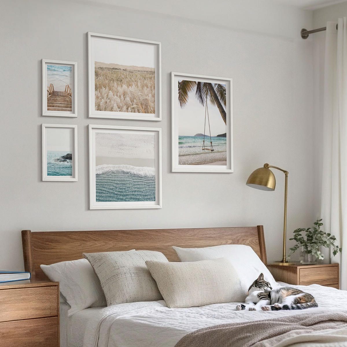 WANDBILDER 5er-Set - 50x50 cm & 20x30 cm & 40x60 cm Weißer Rahmen - Treppe, Strand, Meerblick, Schaukel - Weiß, Kunststoff (40/60cm) - ArtPrintCave