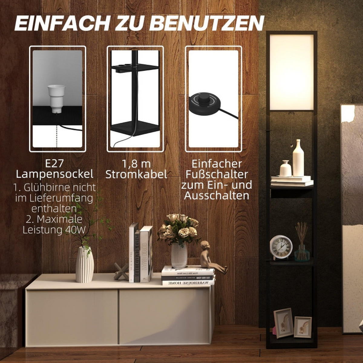 STEHLEUCHTE 26/26/159 cm Schwarz mit 3 Fächern, E27 Sockel, USB-A, USB-C Anschlüssen, ohne Glühbirne - Schwarz, Holz (26/26/159cm) - Oxeza