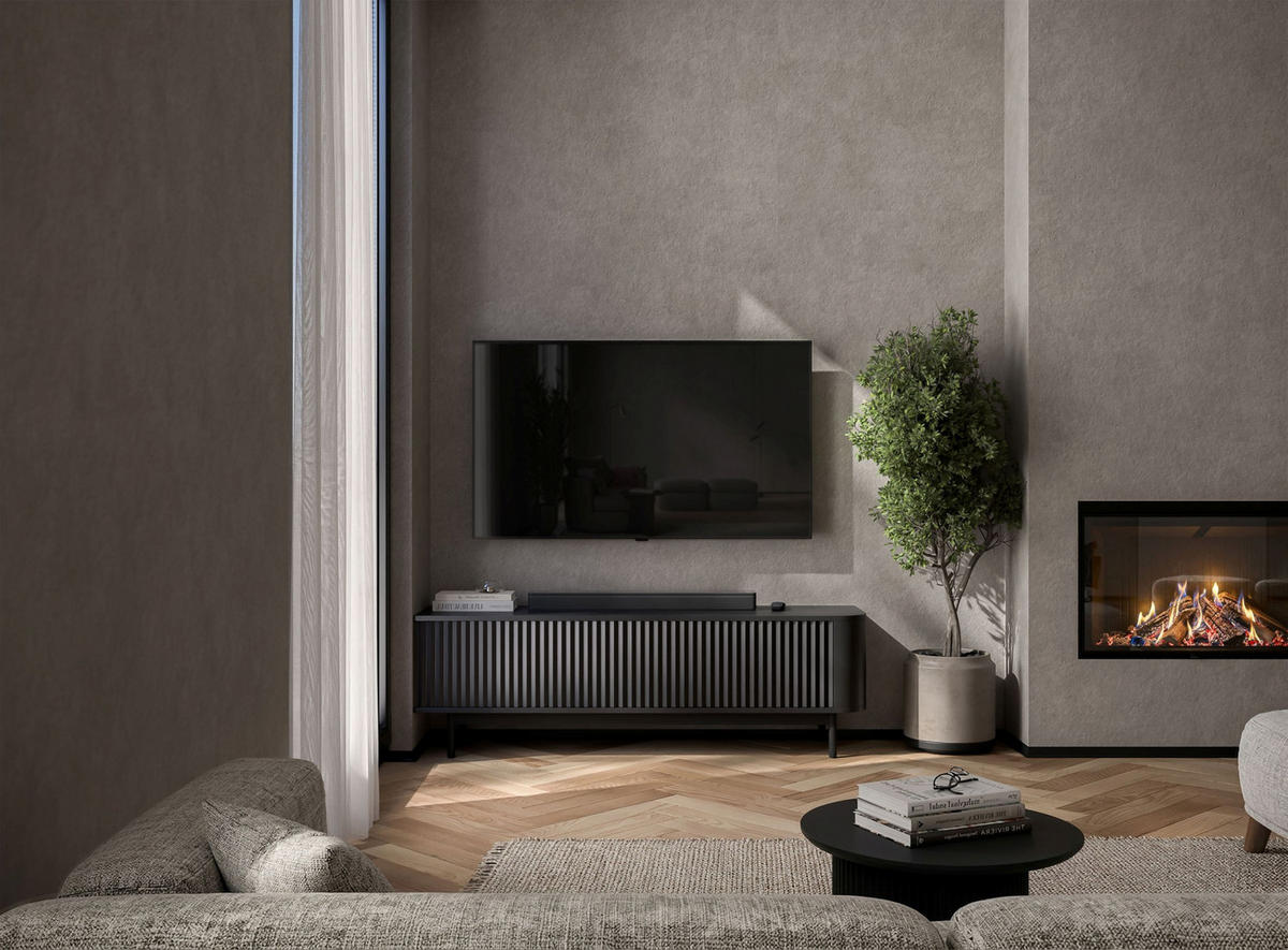 TV stolek Aurora černý matný 140 cm s černým kovovým rámem - černá, kov/kompozitní dřevo (140/44/35cm) - Meble Lindner