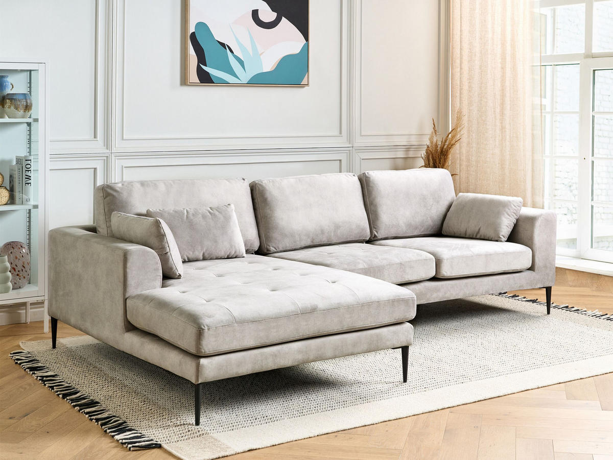 3-SITZER-ECKSOFA Samtstoff Hellgrau linksseitig Flam - Hellgrau, Textil (275/158cm) - Beliani