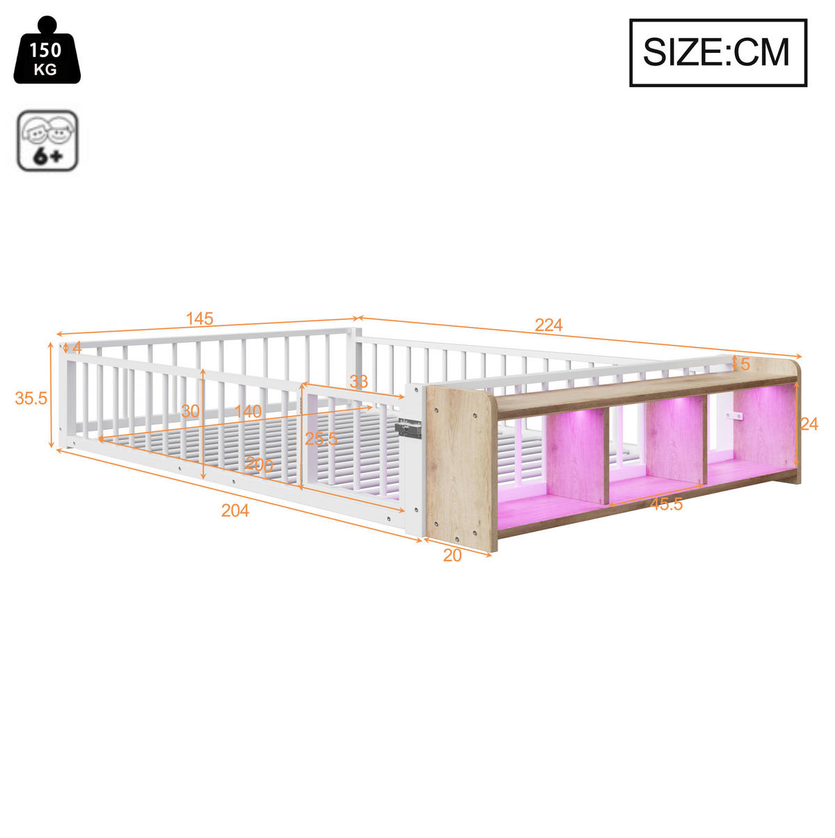 KINDERBETT aus Metall und MDF 140x200 cm Weiß mit Schutzgeländer, offenem Staufach und LED-Beleuchtung - Weiß, Holzwerkstoff (140/200cm) - Modfu