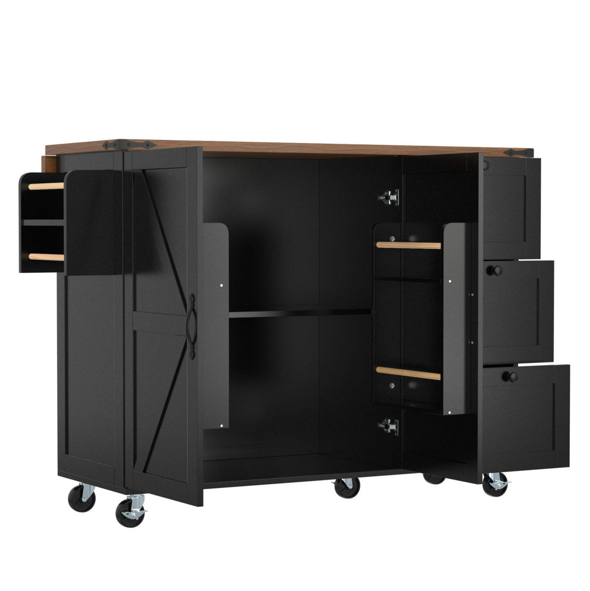 KÜCHENINSEL aus MDF 140x45x92,5 cm Schwarz mit klappbarer Arbeitsplatte, 5 Rollen und 3 Schubladen - Schwarz, Holzwerkstoff (140/92.5/45cm) - Modfu