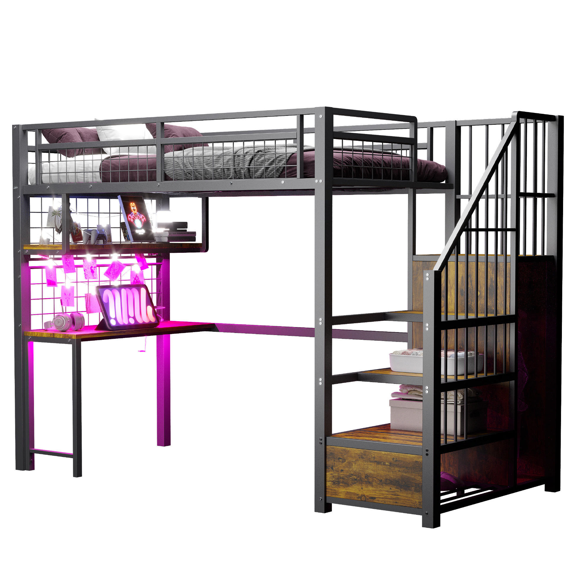 HOCHBETT 90/200 cm aus Metall und MDF mit Schreibtisch, LED-Lichtleiste und Stauraumtreppe Schwarz - Schwarz, Metall (90/200cm) - Modenvie
