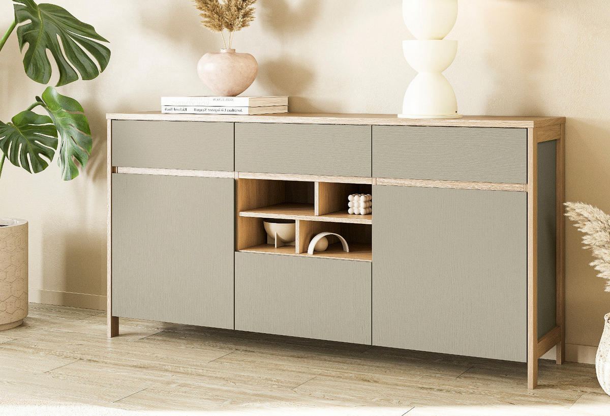 SIDEBOARD Salbei grün, Eiche, Kommode skandinavisch 164 cm, Soft-Close - Salbeigrün/Eichefarben, Holzwerkstoff/Metall (164/85/39cm) - Furn.Design