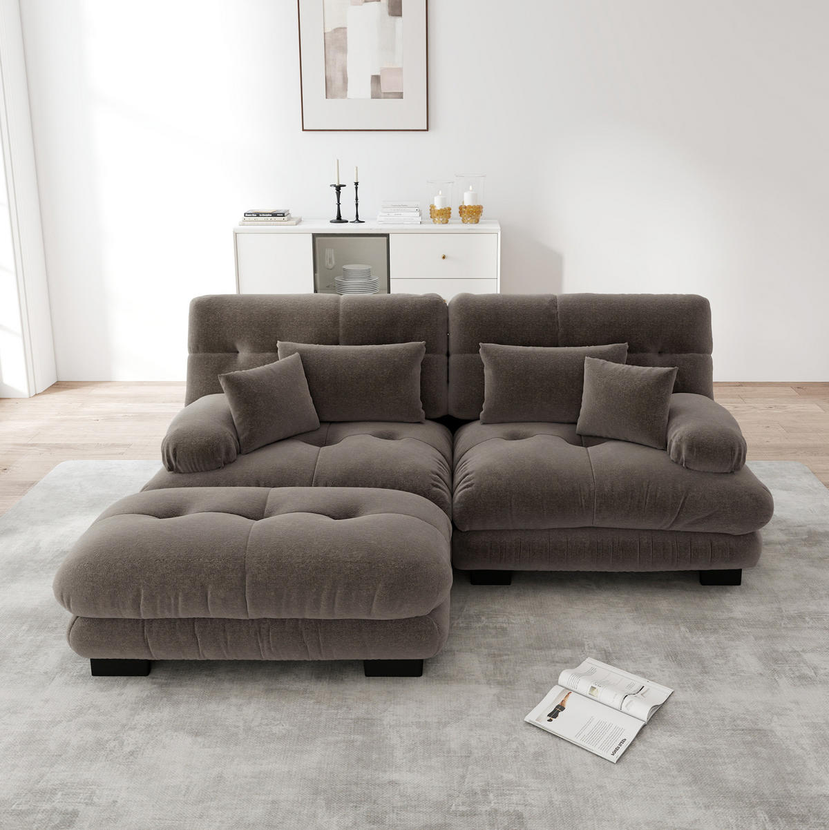 ECKSOFA mit modularer Ottomane, breiten Armlehnen und Deko- sowie Lendenkissen, Braun - Braun, Textil (220/145cm) - Redom