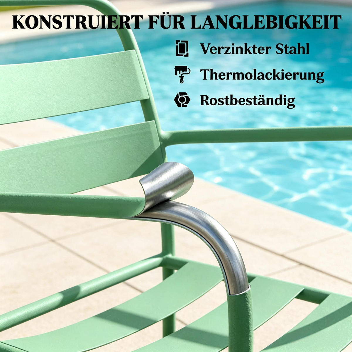 GARTENMÖBEL,2 Armlehnenstühle+quadratischer Tisch - Grün, Metall - Vallsero