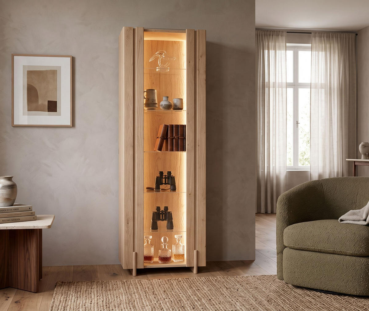 VITRINE Travertino Wildeiche Gebleicht 68 / 41 / 206cm mit Travertin Naturstein - Wildeiche, Holz (68/206/41cm) - Feldmann-Wohnen