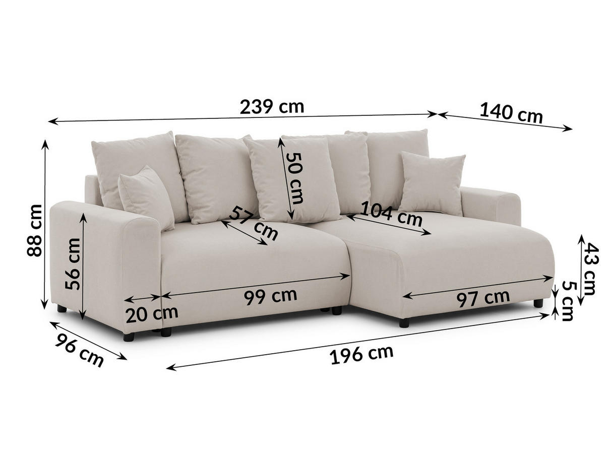 ECKSOFA Calma mit Schlaffunktion und Bettkasten im Bumpy-Design aus weichem Beige Webstoff - Ottomane rechts - Beige/Schwarz, Holz/Kunststoff (140/239cm) - S-Style