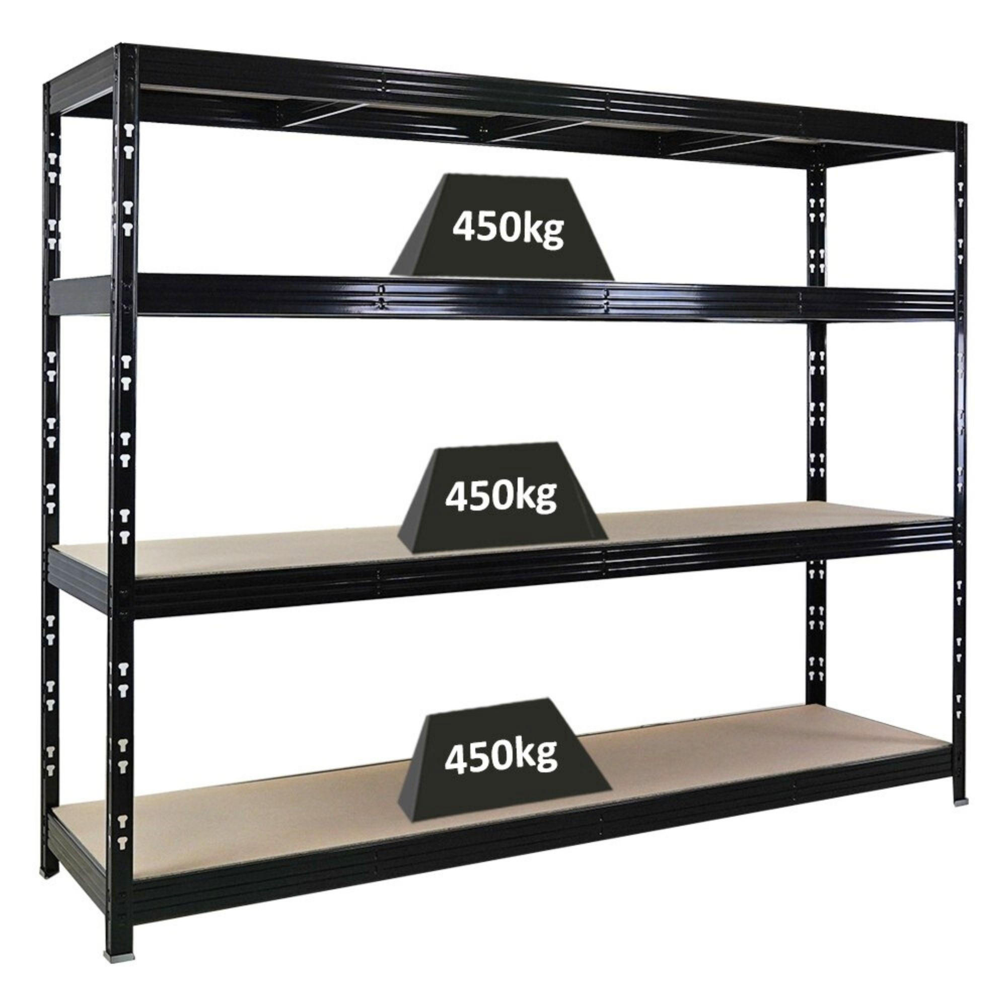 SCHWERLASTREGAL Rhino 180x240x60cm, 4 Spanplatten-Ebenen 8mm, Fachlast 450kg, Schwarz - Schwarz, Metall (240/180/60cm) - PROREGAL