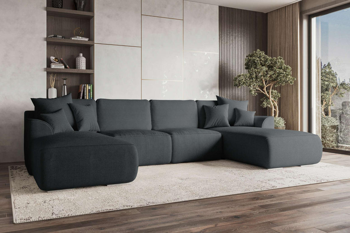 WOHNLANDSCHAFT GUSTO Cordstoff Graphitfarben inkl. Schlaffunktion - Chromfarben/Graphitfarben, Kunststoff/Textil (306/96/194cm) - 99rooms