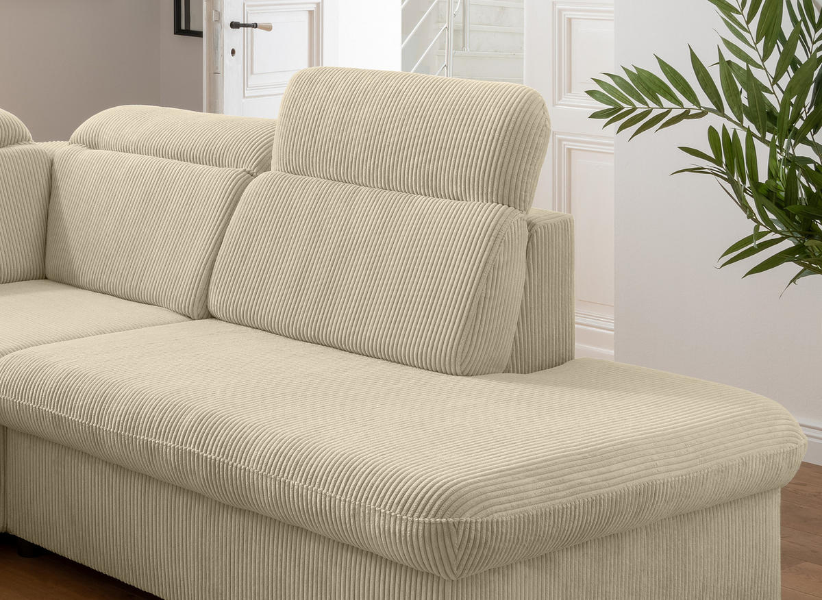 ECKSOFA mit Schlaffunktion, Bettkasten, Kopfstützen verstellbar, Wellenunterfederung, Ottomane rechts B283/T228/H102 cm, Cord Beige Grau / 17216 - Chromfarben/Greige, Textil/Metall (283/228cm) - luma-home
