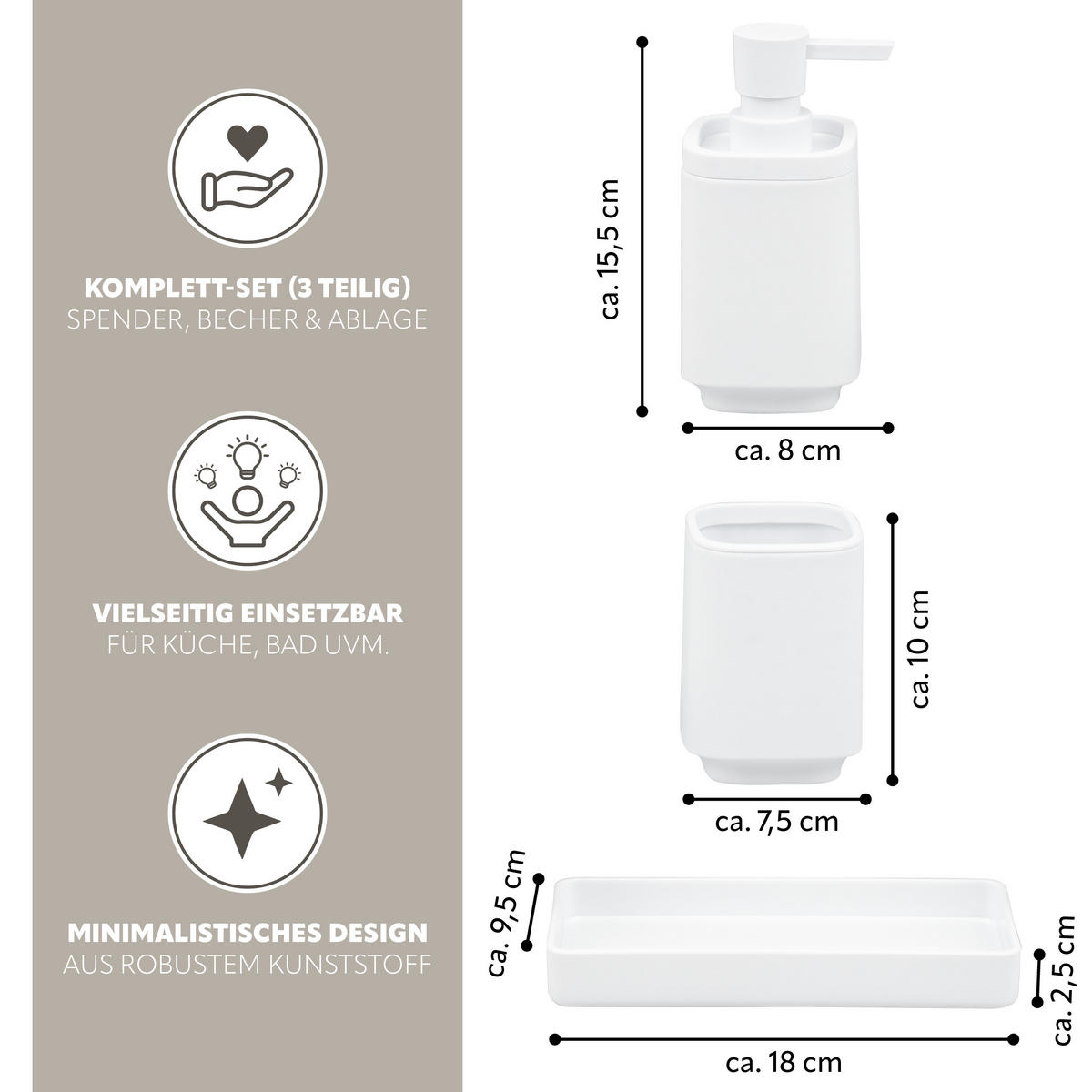 BAD-ACCESSOIRES-SET VALONA, Soft-Touch, weiß - Weiß, Kunststoff (18/2.5/9.5cm) - eluno