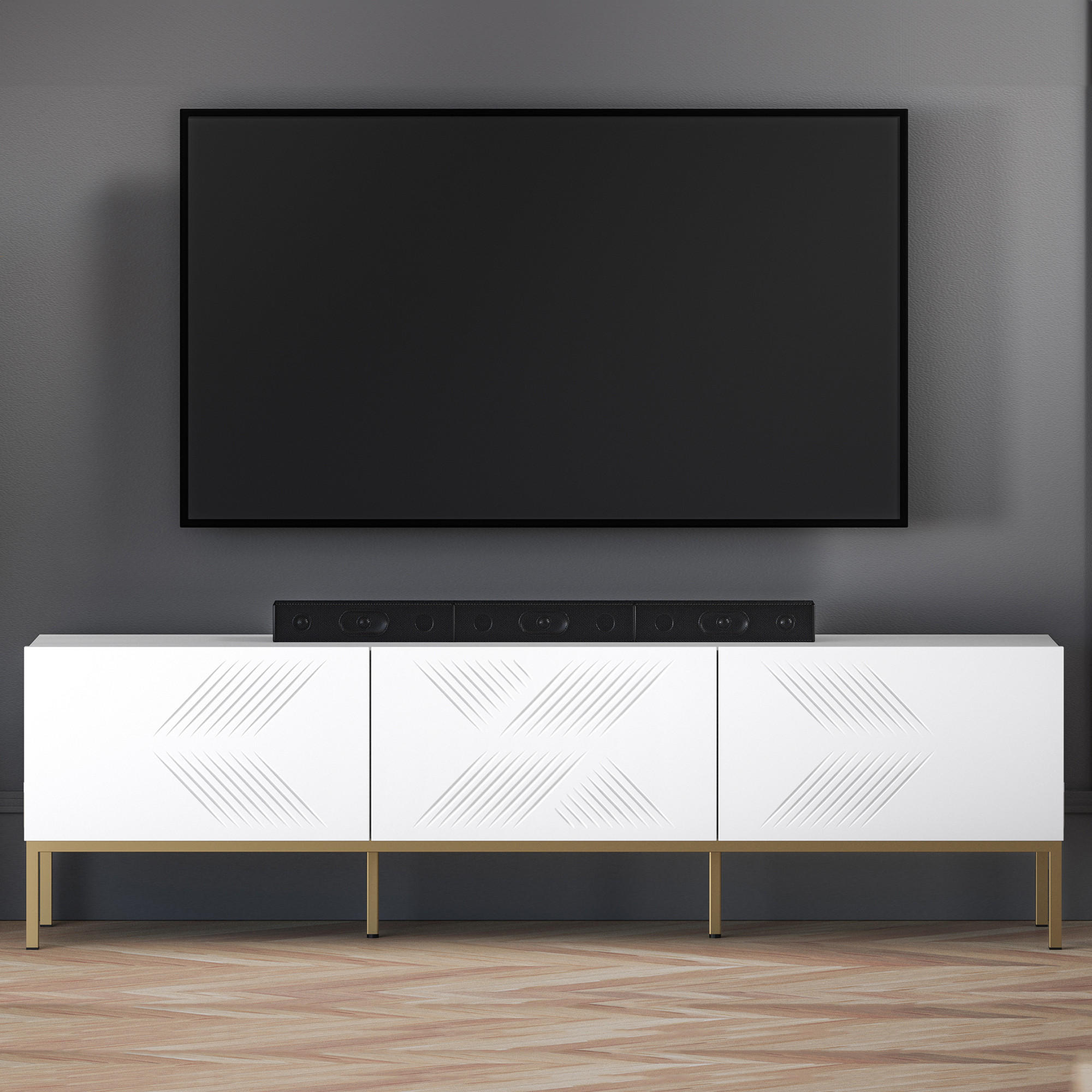 Thumbnail - Konsimo® Tv-Möbel, Weiß, Gold, Holzwerkstoff, 170x50x37 cm, Wohnzimmer, Wohnwände, Lowboards, Lowboards stehend