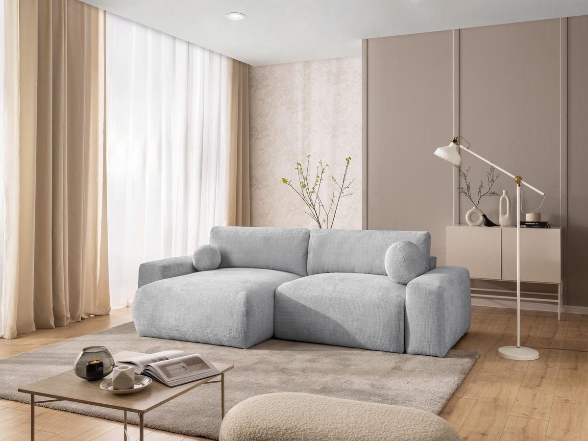 ECKSOFA Puffy mit Schlaffunktion und Bettkasten - besonders weich und puffig aus Hellgrau Chenille-Stoff - Ottomane links - Hellgrau/Schwarz, Holz/Kunststoff (138/266cm) - S-Style Möbel