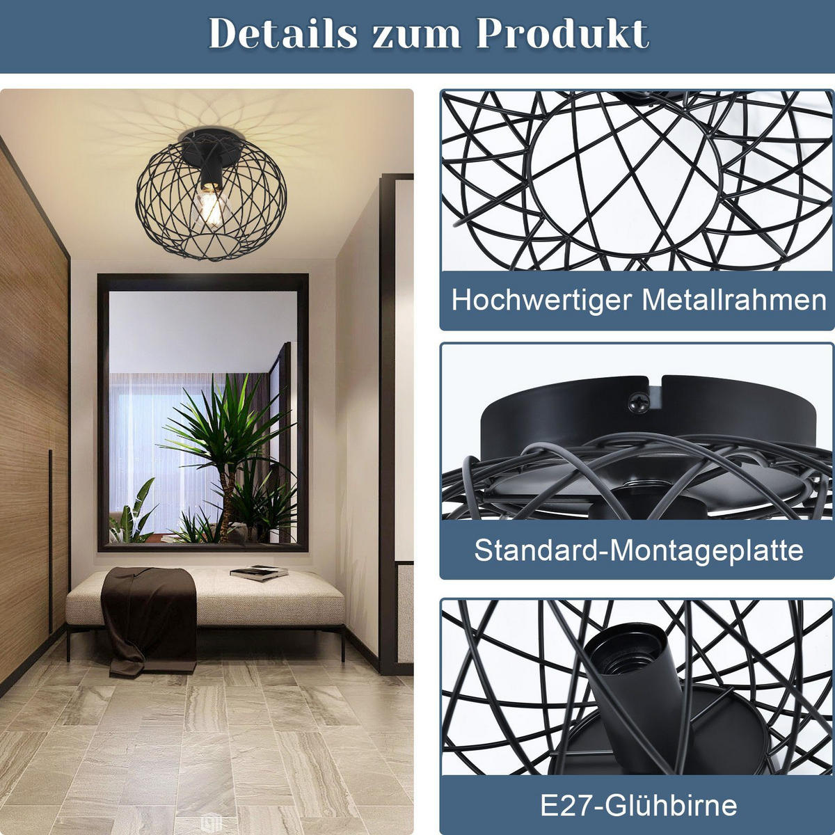 DECKENLEUCHTE Vogelnest 30/30/23 cm - Schwarz, Metall (30/30/23cm) - Nettlife