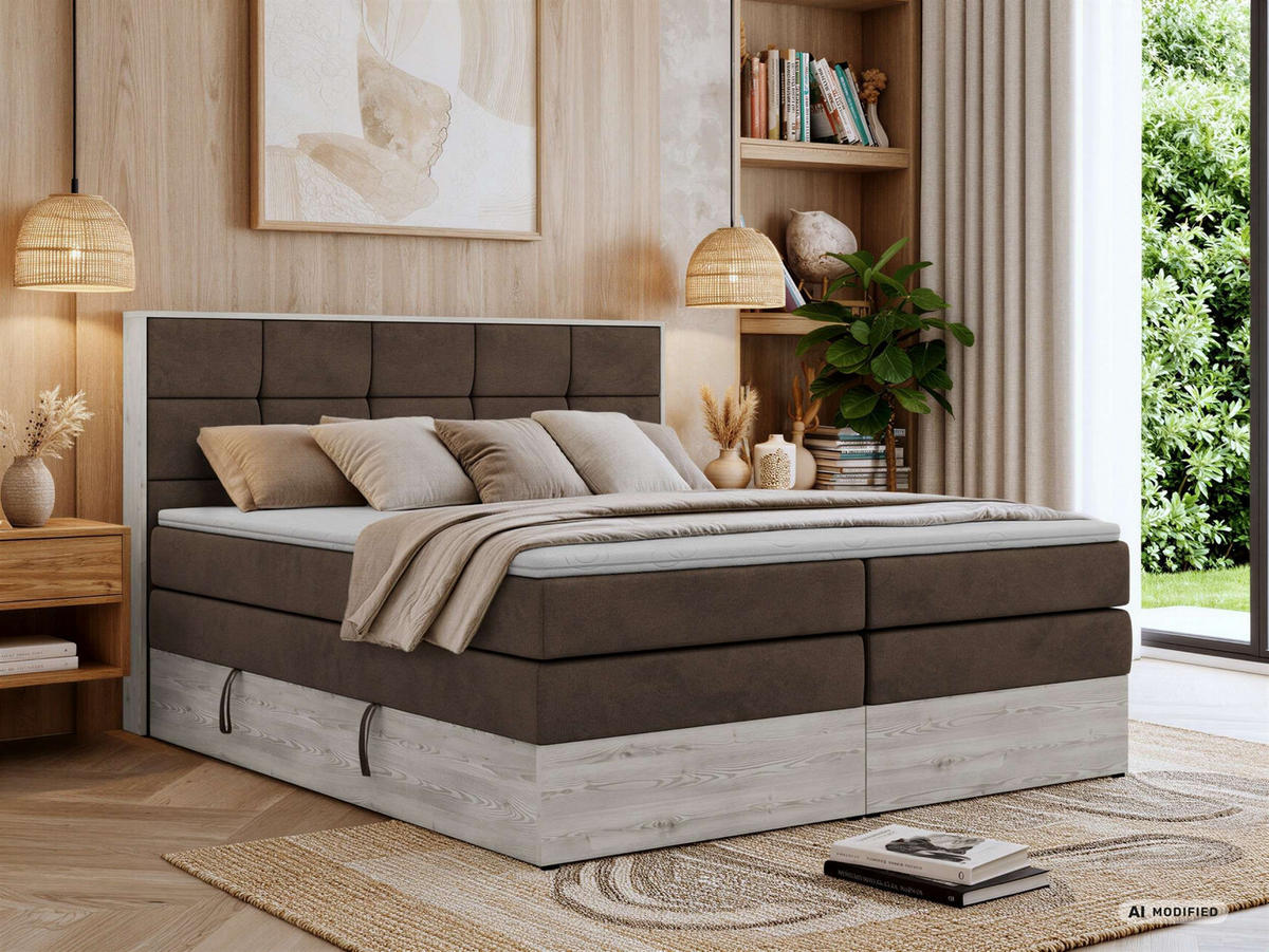 BOXSPRINGBETT ALNOR KING 200/200 - Braun Velvet - Topper Visco - H3 - Schwarz/Braun, Kunststoff/Textil (200/200cm) - MKS