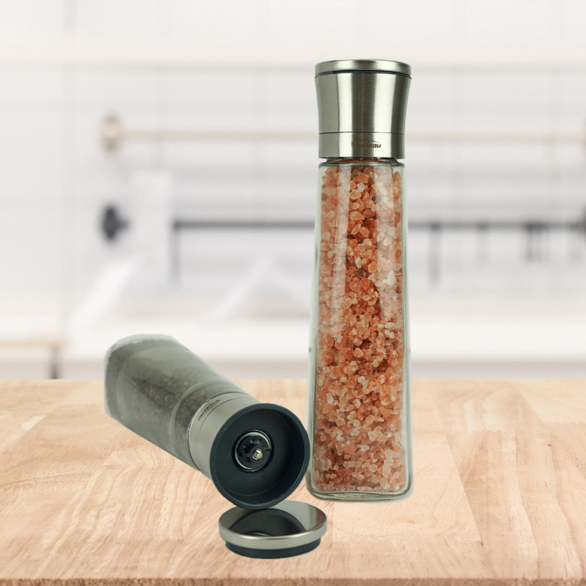 SALZ & PFEFFERMÜHLEN-SET – Trudeau – 2er Pack, Nachfüllbare Salz- & Pfeffermühle, Küchenmühle für Salz, Pfeffer & Gewürze - Transparent, Glas/Metall (23/7/6cm)