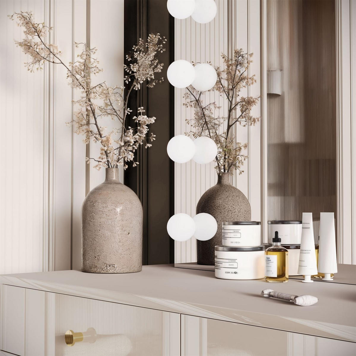 SCHMINKTISCH SIENNA GOLD ELITE auf schrägen Beinen goldener Griff - Ecru, Holzwerkstoff (100/81/42cm) - Lookway