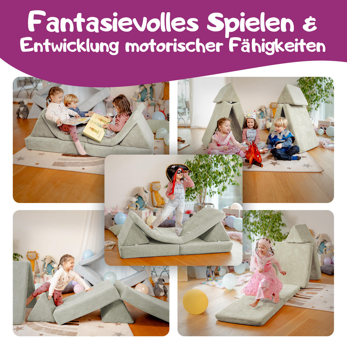 KINDERSOFA Spielparadies - Hellgrau, Textil (66/52/150cm) - Linodino