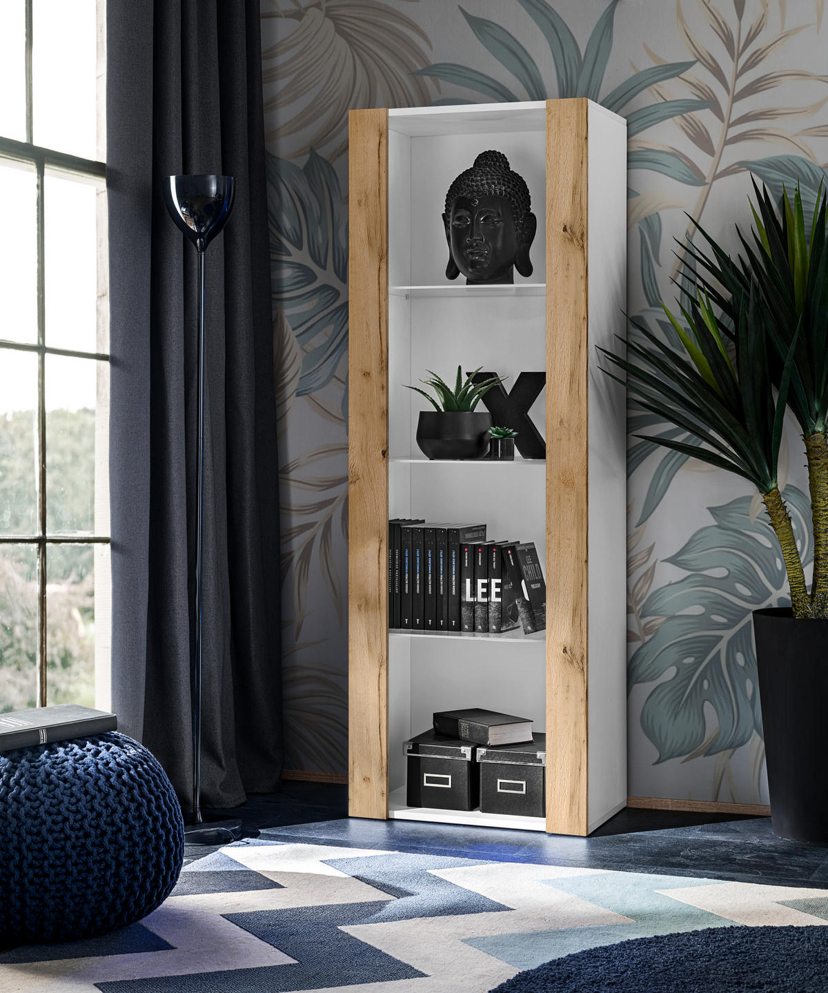 VITRINE TIVOLI, Weiß + Eiche Wotan - Eiche Wotan/Weiß, Glas/Holzwerkstoff (55/159/35cm) - Komodee