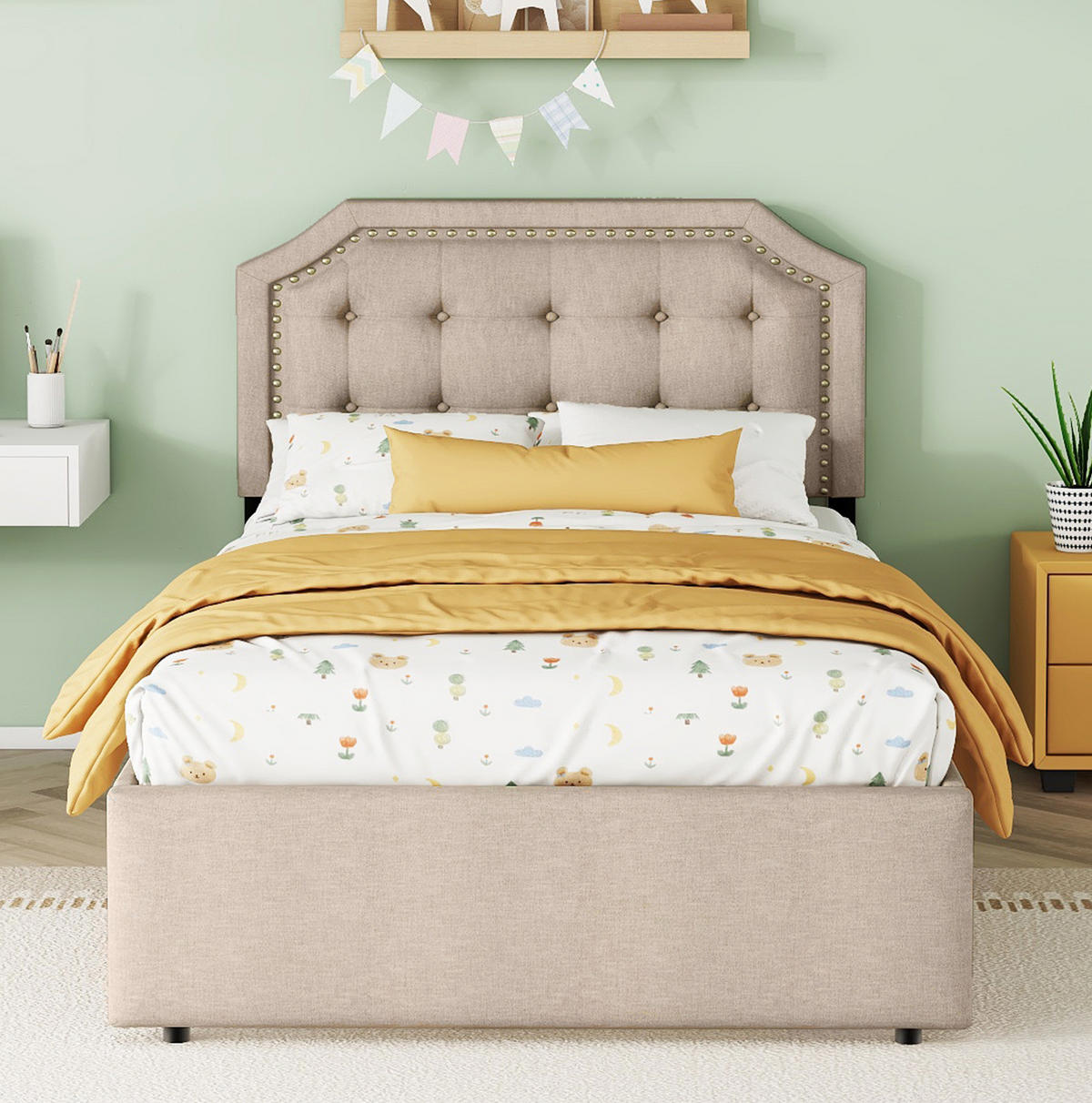 BETT mit 2 Schubladen 90x200 cm Leinen Beige - Grau, Metall (90/200cm) - Meubliv