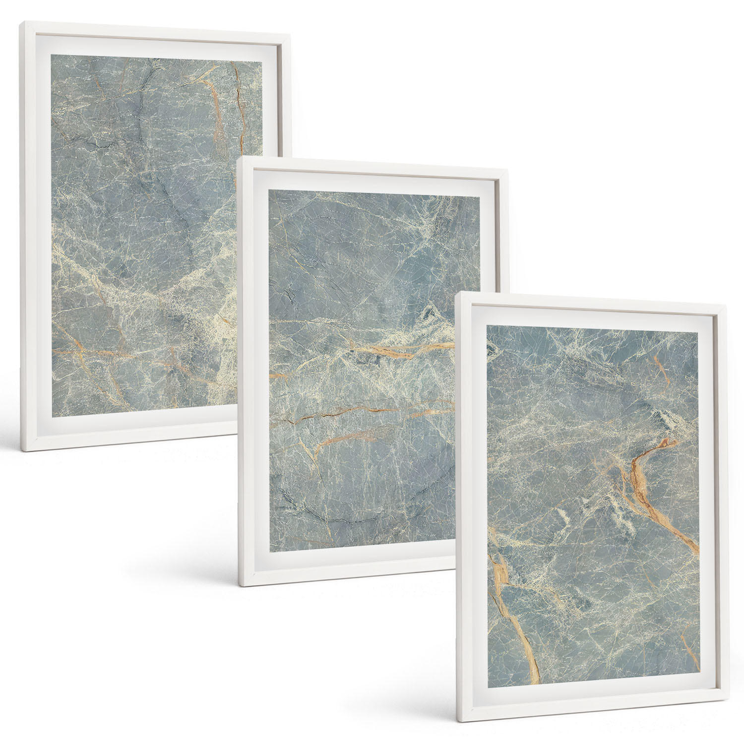 BILDER SET 3er Set - 40x60 cm Weißer Rahmen - Dekorativer Stein aus grünem Marmor - Weiß, Kunststoff (40/60cm) - TULUP