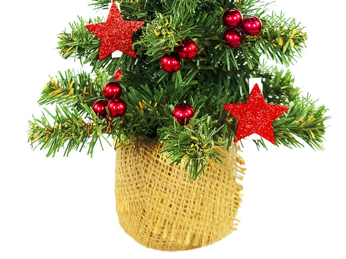 WEIHNACHTSBAUM künstlicher 25 cm, TINY 6, mit 24-teiligem Weihnachtsbaumschmuck, inkl. Metallständer und Aufbewahrungsbox - Rot/Grün, Kunststoff/Stein (18/25cm) - LAALU