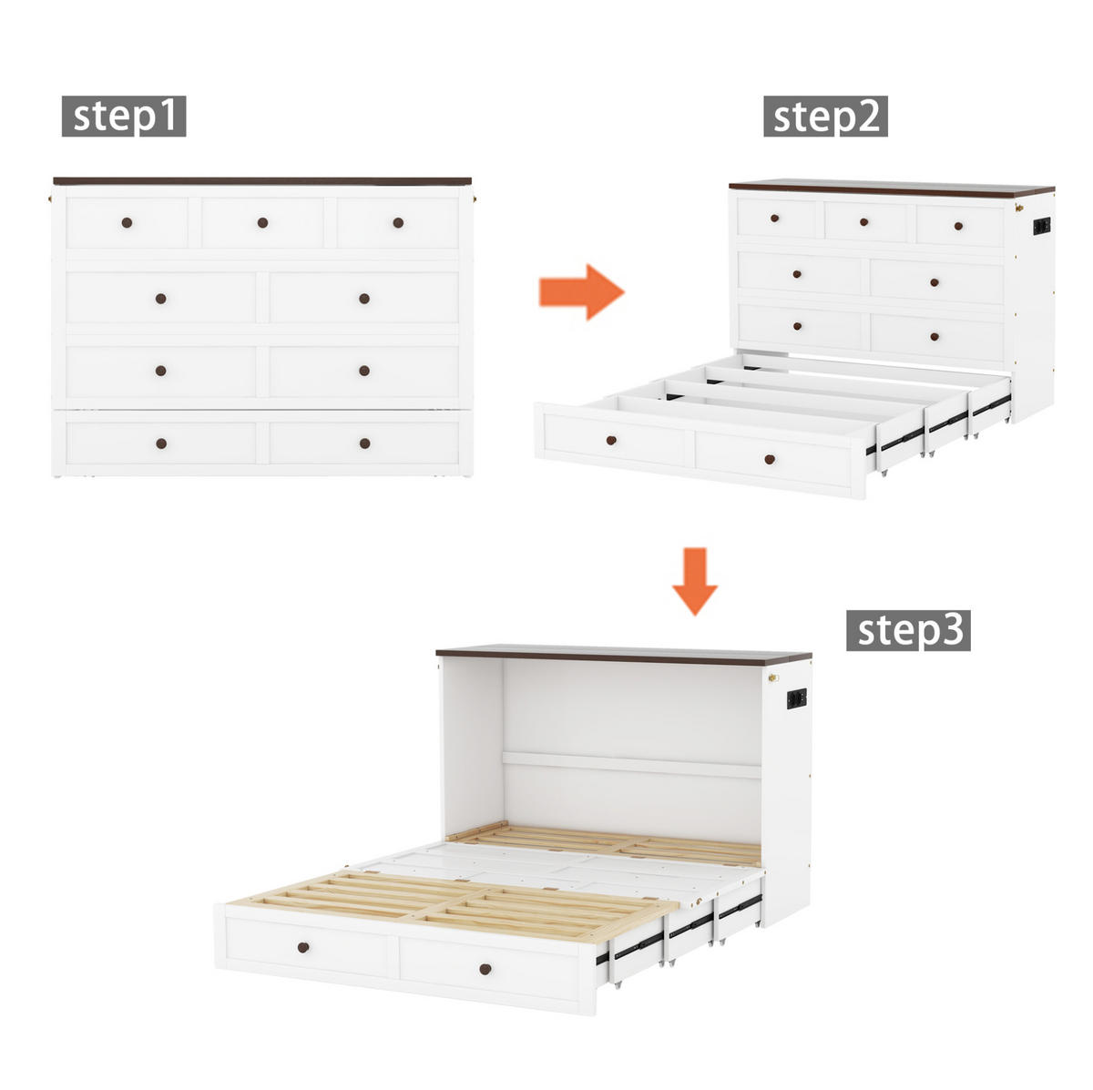 SCHRANKBETT 140/200 cm mit USB-Anschluss, Steckdose, Schublade und Regal, umbaubar, Weiß - Weiß, Holzwerkstoff (140/200cm) - Redom