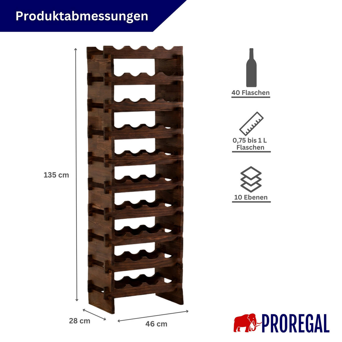 WEINREGAL NAVARRA aus Holz 135x46x28cm 40 Flaschen auf 10 Ebenen Braun geölt - Braun, Holz (46/135/28cm) - PROREGAL