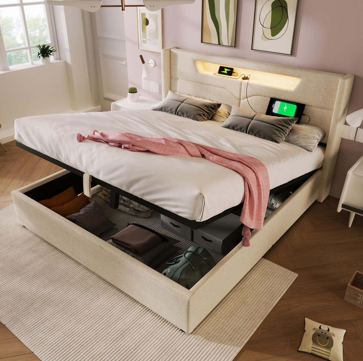 POLSTERBETT 160/200 cm Beige mit USB- und Type-C-Anschlüssen und LED-Beleuchtung - Beige, Textil (160/200cm) - OKWISH