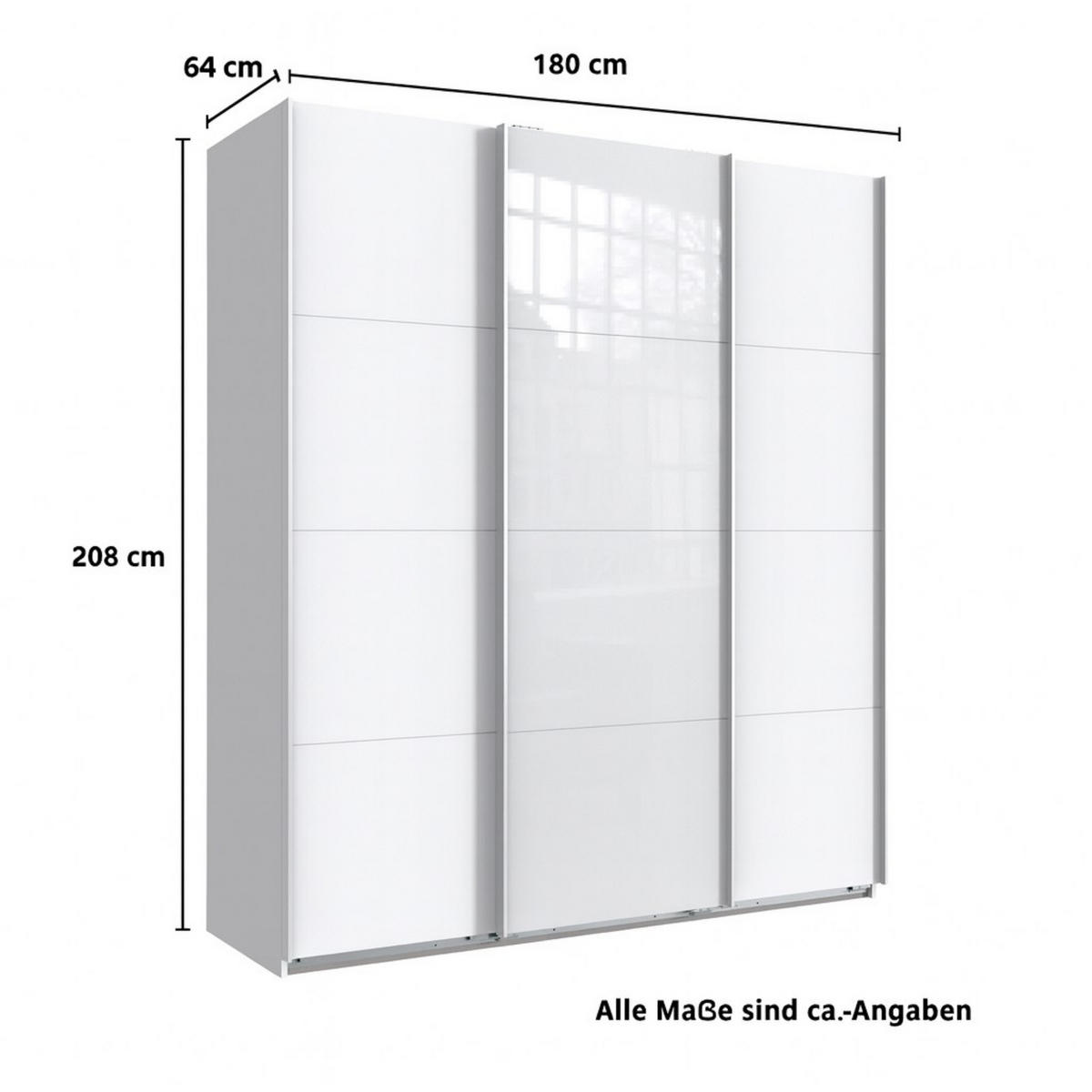 SCHWEBETÜRENSCHRANK 3-türig in Weiß, eine Tür mit Glasfront Weiß, B180/H208/T64 cm / 22514 - Weiß Hochglanz/Weiß, Holzwerkstoff/Metall (180/208/64cm) - luma-home