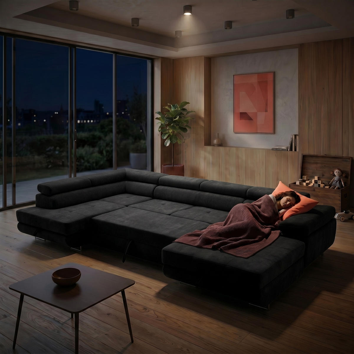 ECKSOFA U-Form WILD U Links mit Schlaffunktion 130x260 Chenille Schwarz - Silberfarben/Schwarz, Holz/Textil (350/90/203cm) - Muffo