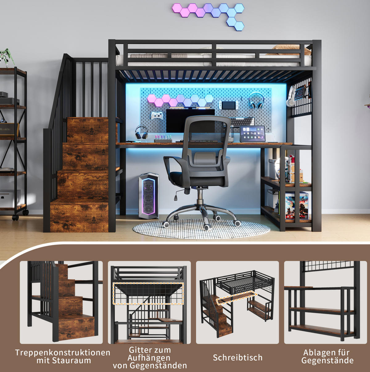 HOCHBETT 90/200 cm in Schwarz – mit Schreibtisch, Stauraumtreppe und LED - Schwarz, Metall (90/200cm) - BEAOK