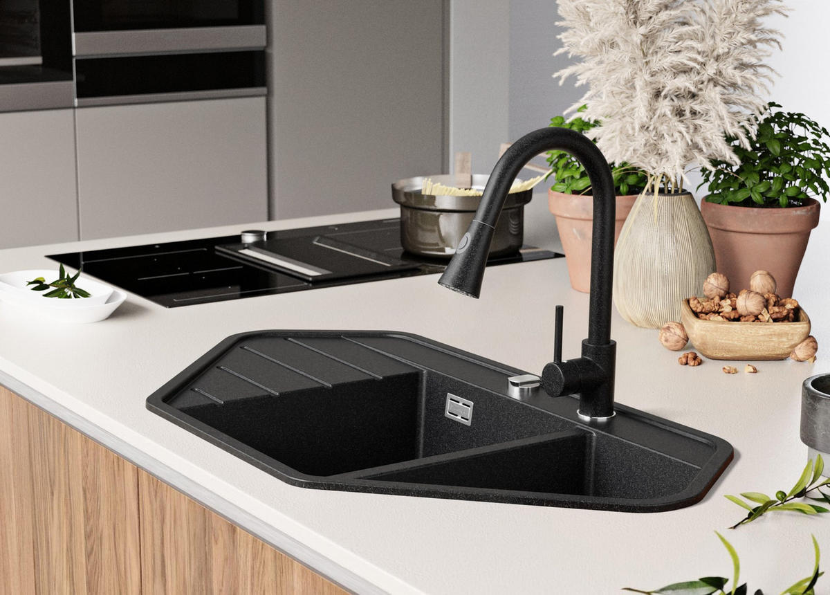 ECKSPÜLE Kopenhagen Corner, 2-er set Anthrazit 90/50 cm 1,5 Becken + Ablauf-Set ab 70er Unterschrank - Chromfarben/Anthrazit, Kunststoff (90/18/50cm) - Primagran