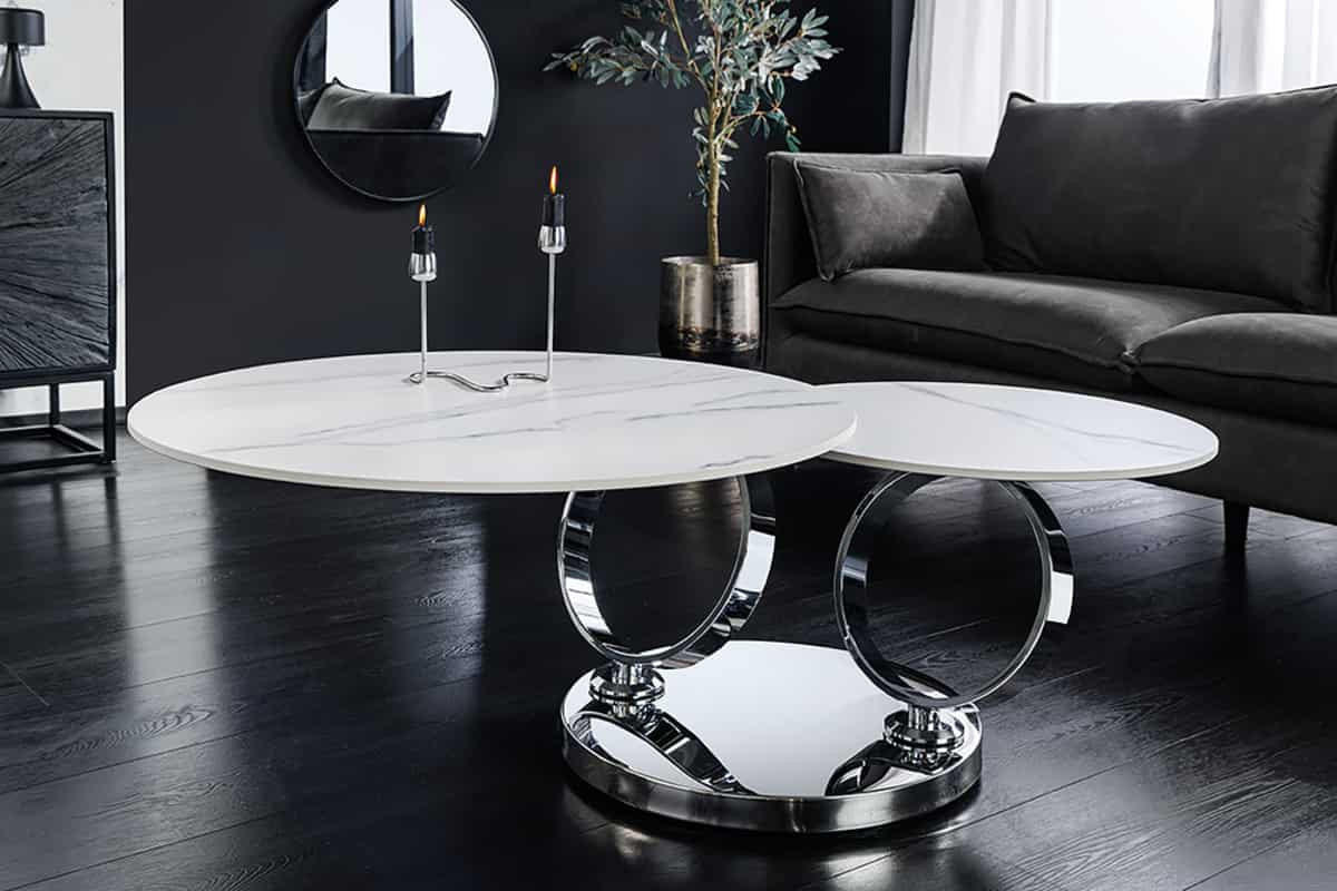 COUCHTISCH DANCING RINGS Marmor rund Silber|Weiß 80cm - Silberfarben/Braun, Keramik/Metall (80/80/44cm) - riess-ambiente