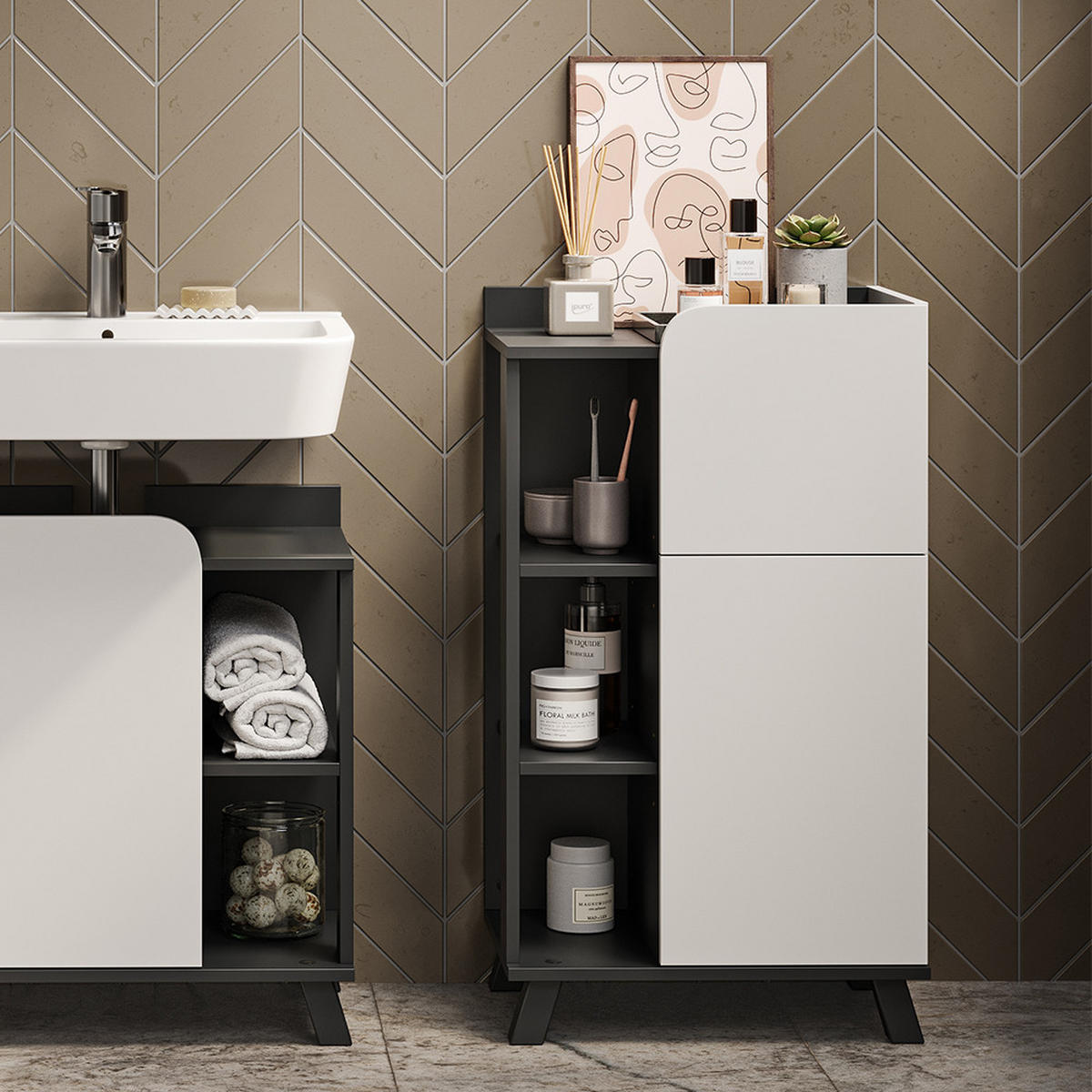 MIDISCHRANK Karen Anthrazit/Weiß 50 x 90 cm mit Tür und Schublade - Anthrazit/Weiß, Holzwerkstoff (50/90/35cm) - Vicco