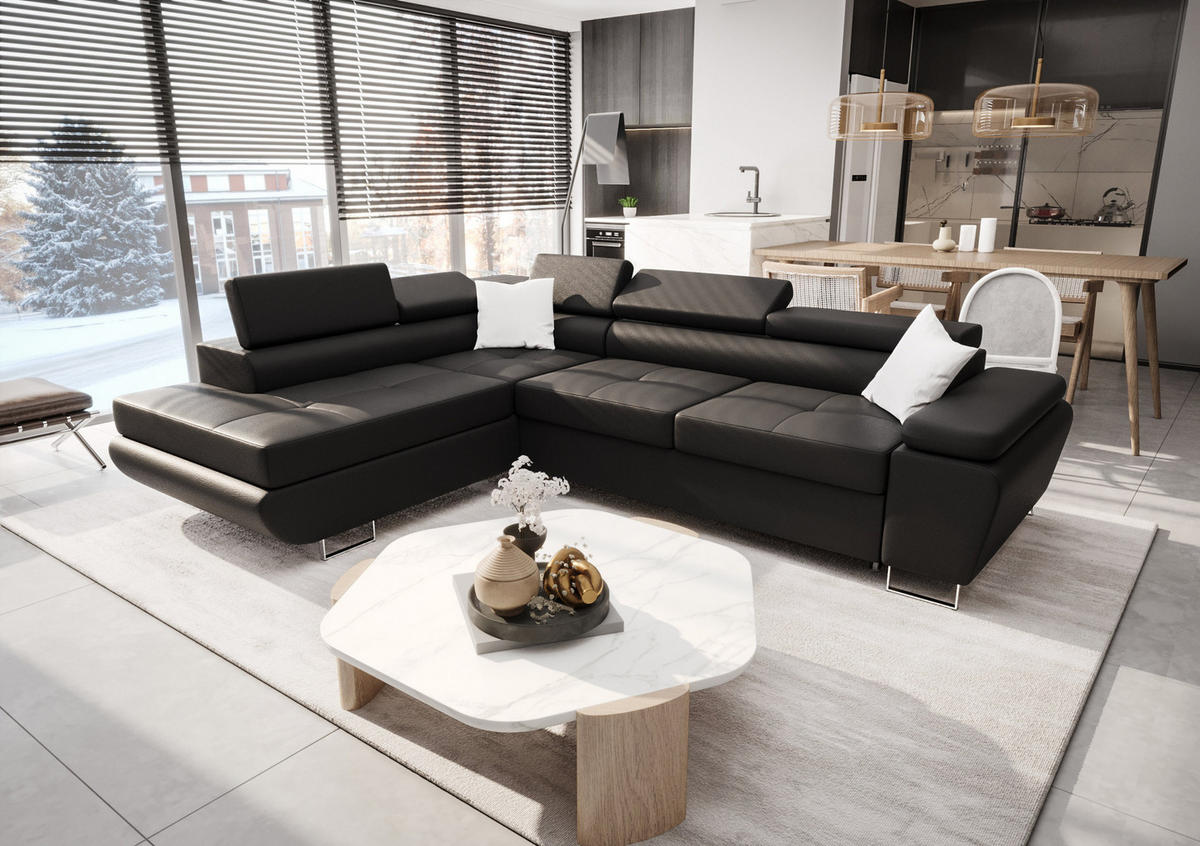 ECKSOFA KONGO RBN04, Eckcouch in L-Form mit Schlaffunktion, Farbe: Schwarz, Kunstleder, Ottomane Links - Schwarz, Textil (272/200cm) - O-Sofa