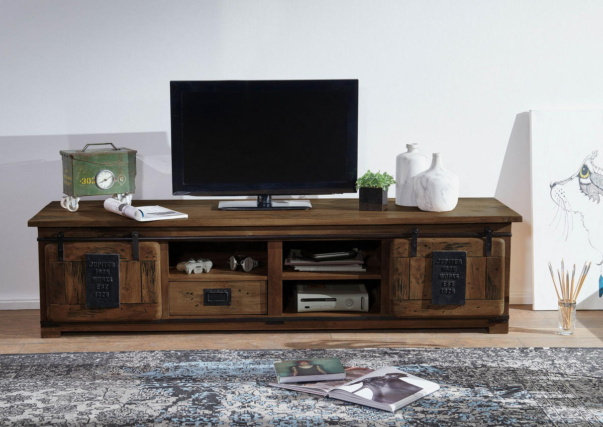 TV-BOARD Mango 200x55x50 braun lackiert RAILWAY #451 - Braun, Holz (200/50/55cm) - Massivmoebel24