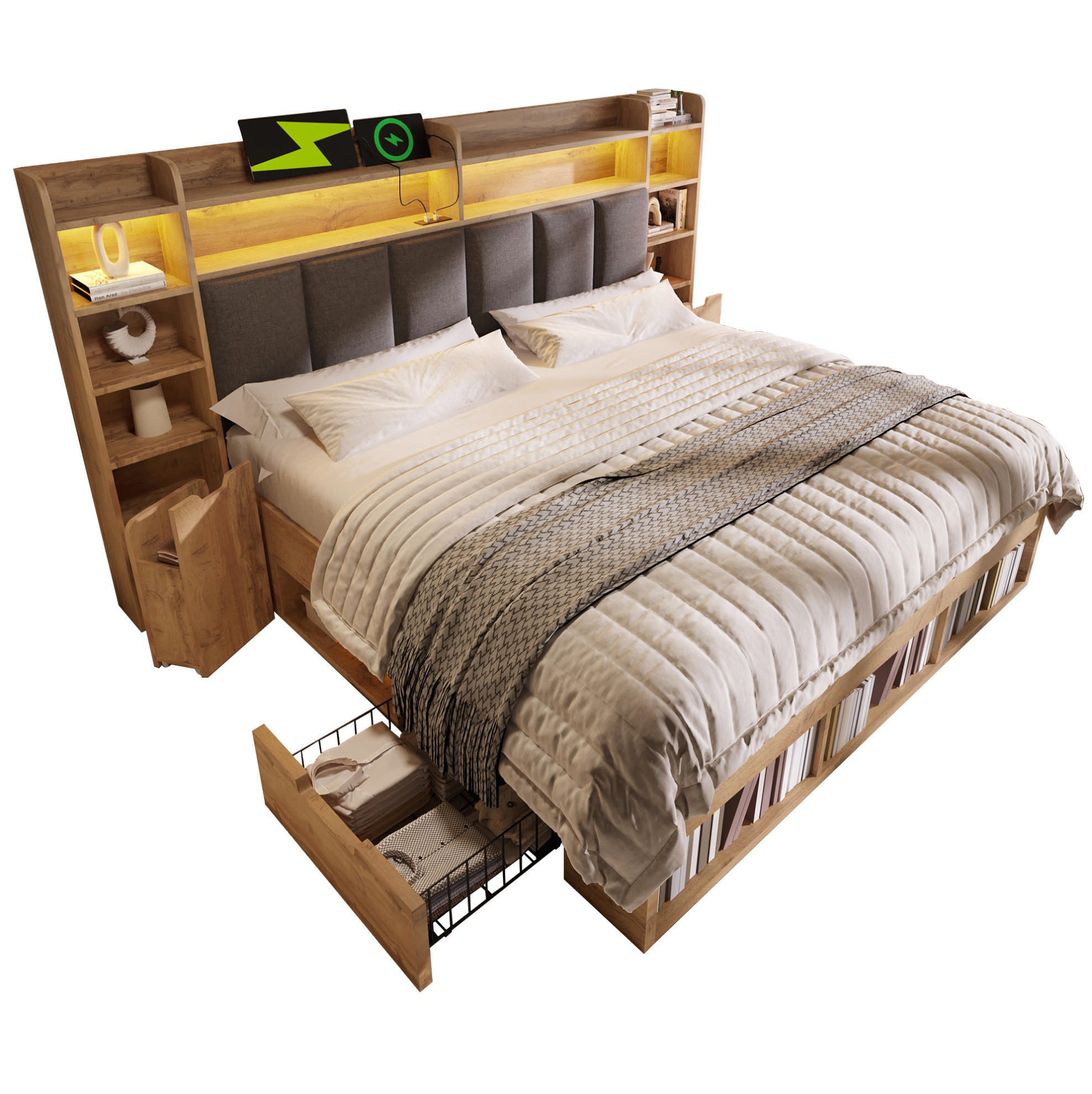 DOPPELBETT 180/200 cm mit LED-Beleuchtung, USB- und USB-C-Anschlüssen, Stauraum und Rollschubladen, Eichefarben - Eichefarben, Holzwerkstoff (180/200cm) - Redom