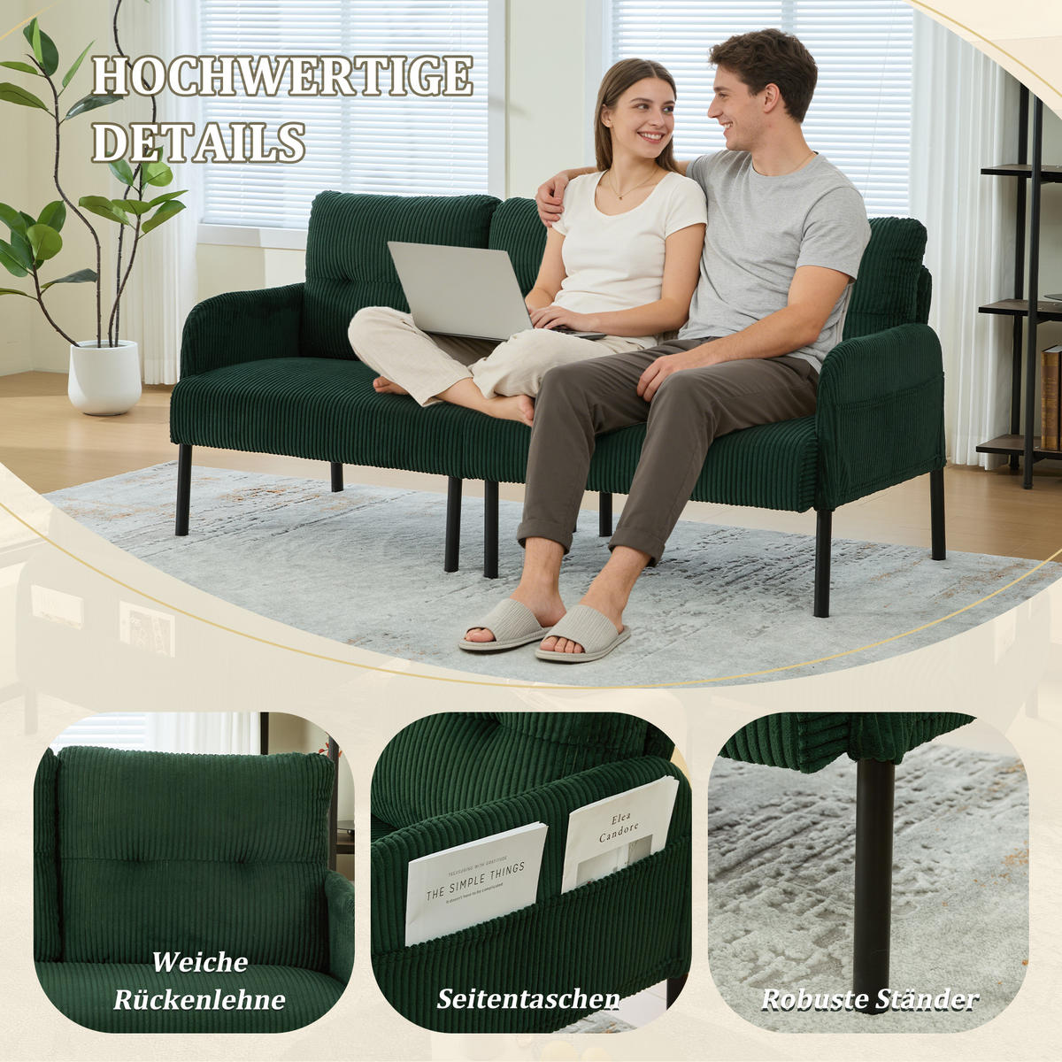 3-SITZER Sofa mit Seitentaschen, Metallgestell & Leinenstoff, 171cm, Grün - Schwarz/Grün, Textil/Metall (171/80/72cm) - LVHOM