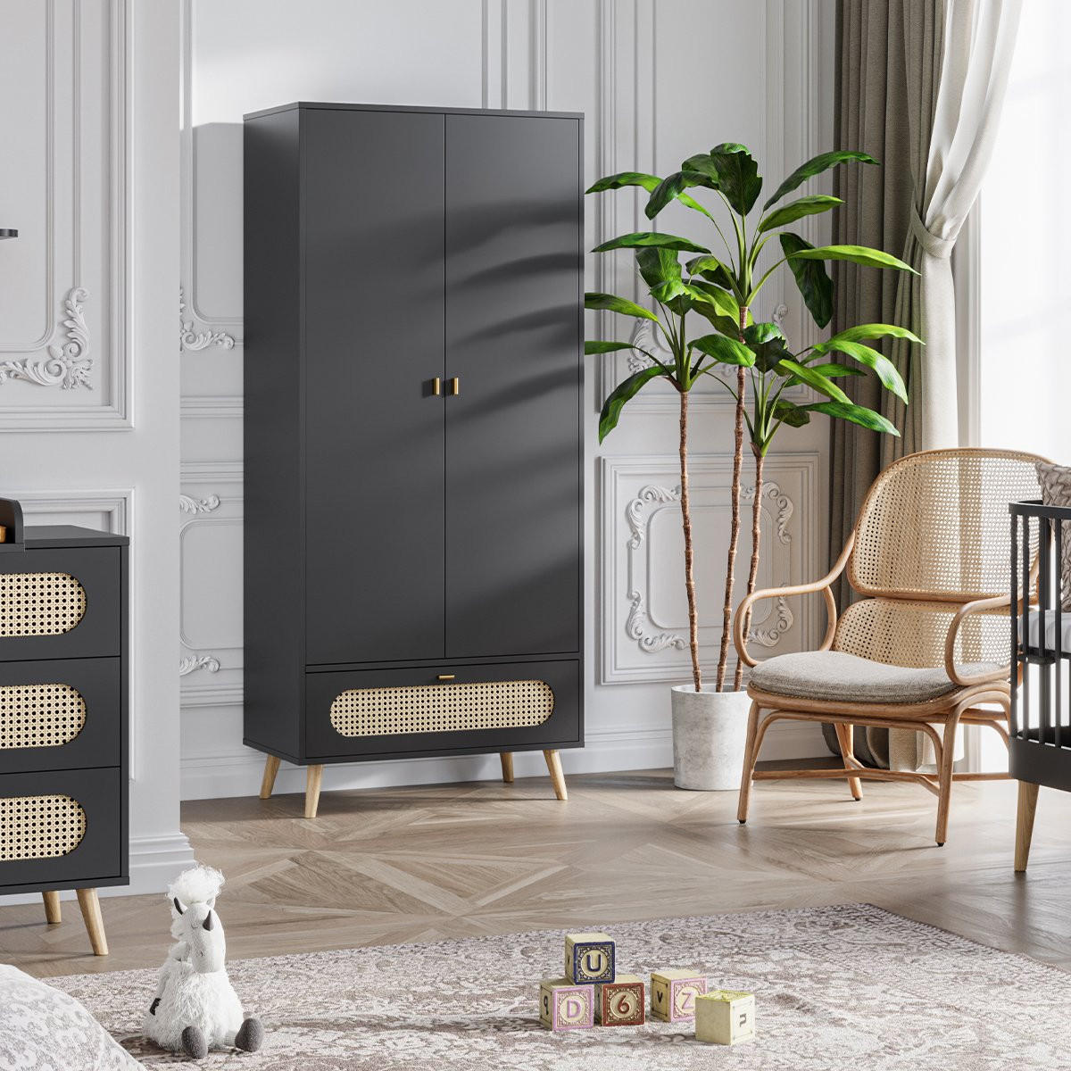 SCHRANK mit 2 Türen und 1 Schublade aus Rattan L85 x H195 cm - Canne - Schwarz, Holzwerkstoff (49/195/85cm) - Calicosy
