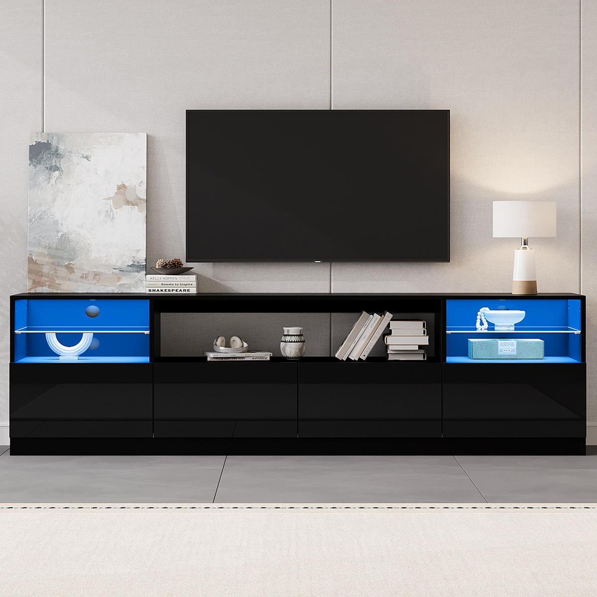 TV-ELEMENT 180/35/60 cm Hochglanz Schwarz mit LED-Beleuchtung und 4 Türen - Schwarz, Holzwerkstoff (35/60/180cm) - Korfee