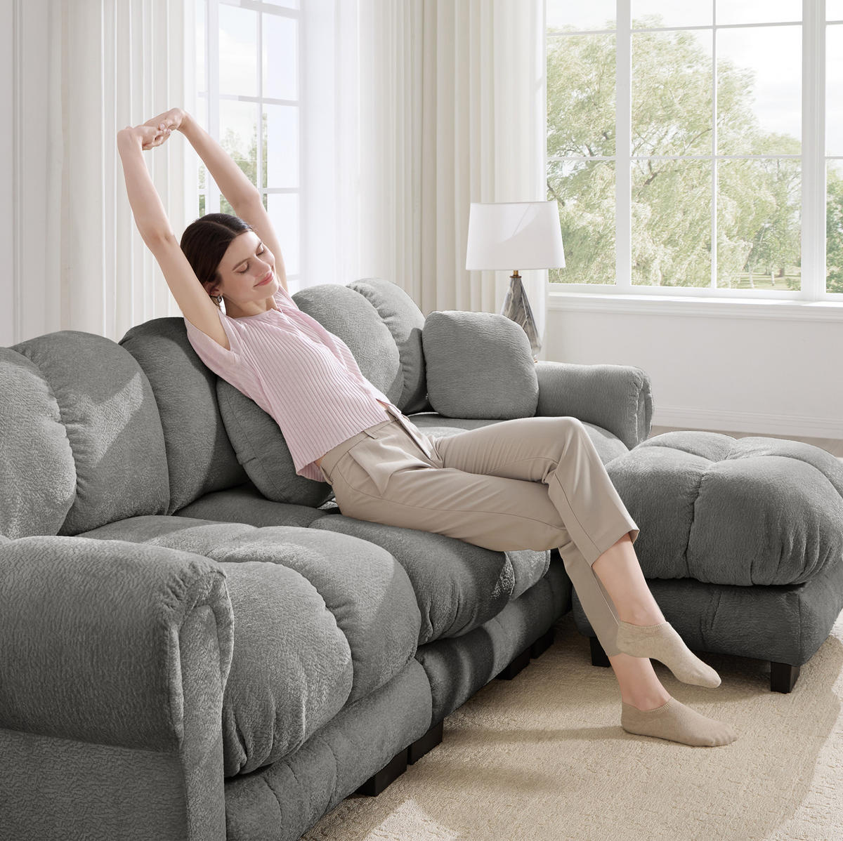 SOFA aus Chenille in U-Form Grau - Hellgrau, Holz (149/90/190.1cm) - Meubliv