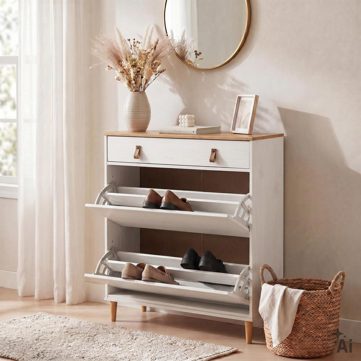SCHUHKIPPER MIKKA weiß/Eiche - Eichefarben/Weiß, Holz (86/105/30cm) - IDIMEX